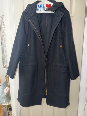 Tory Burch Black Hooded Trench Coat with Gold-Tone Hardware